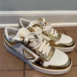 Prada gold gilt logo downtown sneakers with box size 36